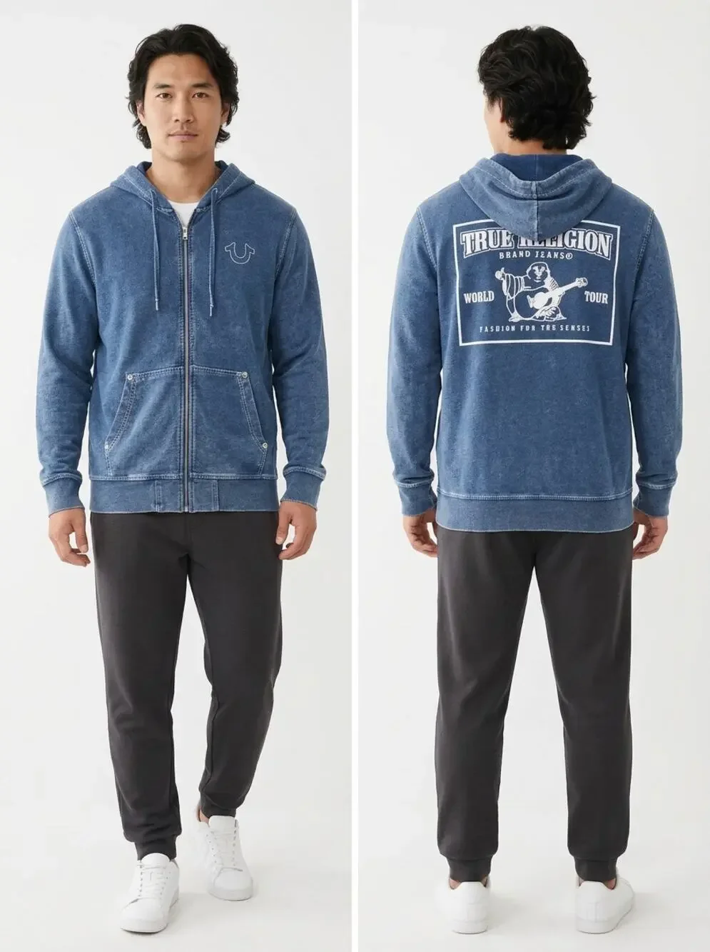 True Religion Blue Knit Full Zip Hoodie Graphic Sweatshirt Men Size XL
